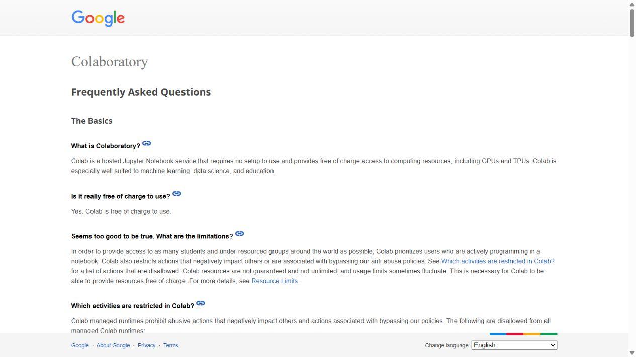 Google Colab public FAQ explaining free notebook and accelerator availability.