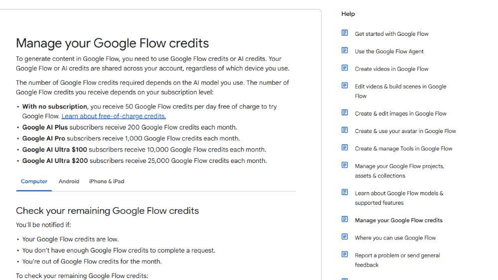 Google Flow public help page explaining its daily generation credits.