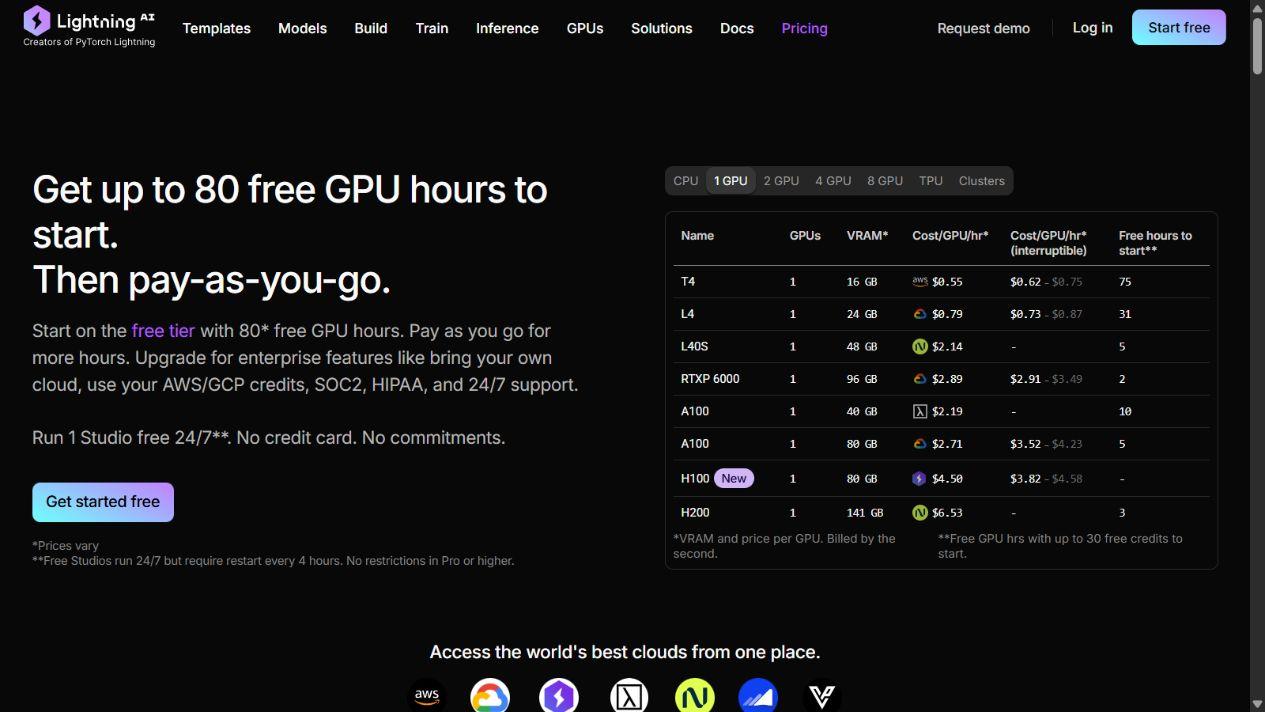 Lightning AI public pricing page showing its free Studio and compute options.