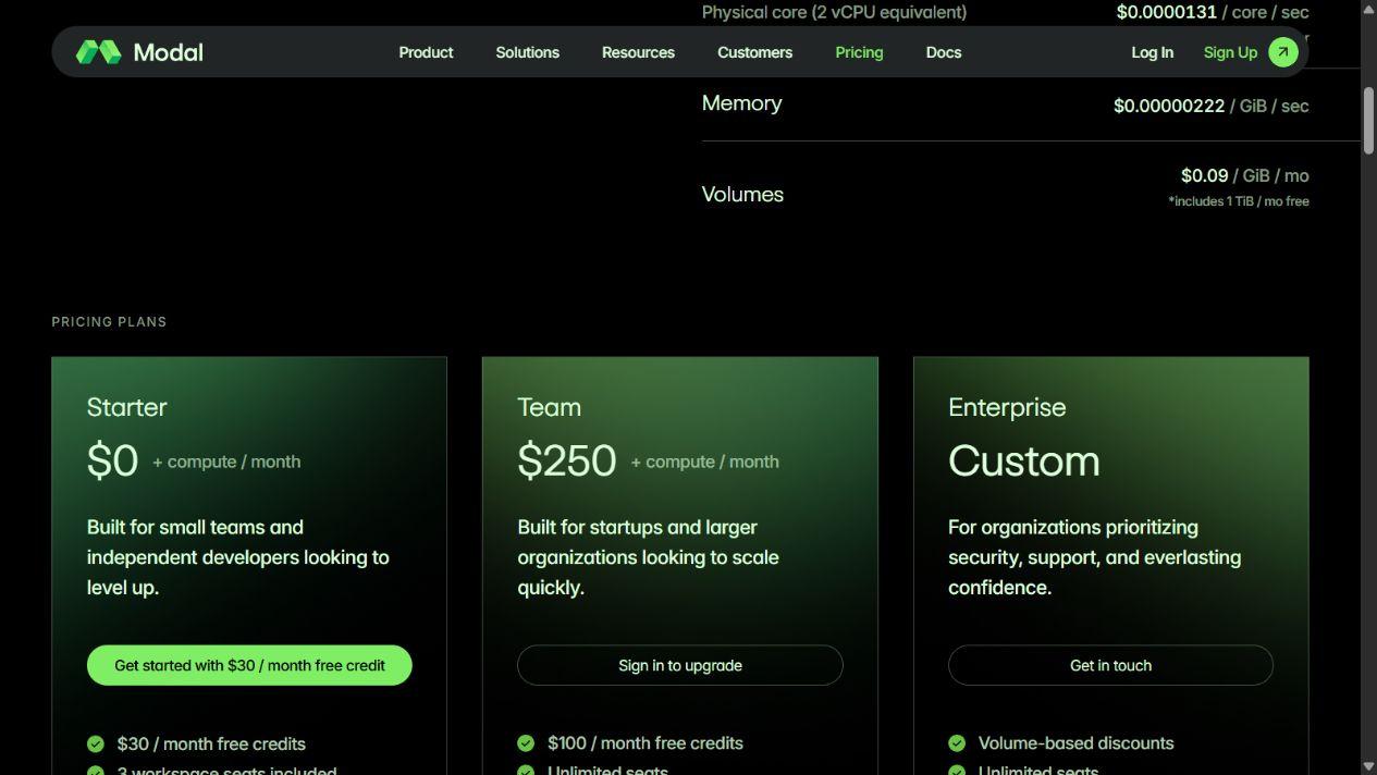 Modal public pricing page showing its Starter plan and included monthly compute credits.